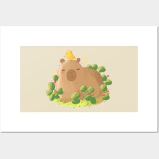 Capybara and bird illustration Posters and Art